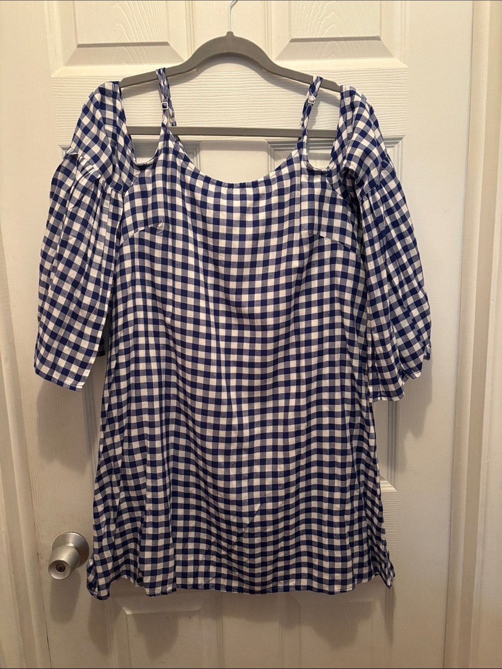 HYFVE Blue and White Checked Cold-Shoulder Tunic Style Dress